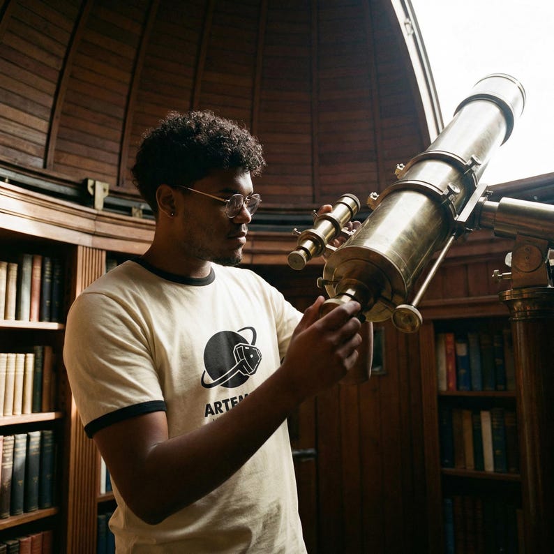 May include: A person wearing a cream-colored t-shirt with black trim and the word "ARTEM" printed on it, adjusting a brass telescope. The telescope is mounted on a wooden stand in a room with bookshelves and a domed ceiling.
