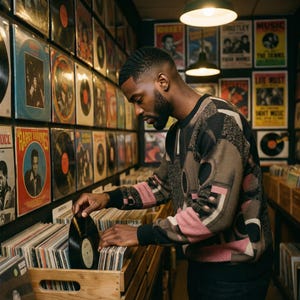 May include: A person browsing vinyl records in a record store. The person is wearing a patterned sweater with black sleeves and a pink and brown design. The store has a wall of album covers and wooden crates filled with records.