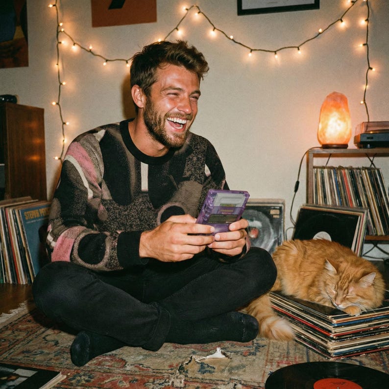 May include: A person is smiling and holding a purple handheld gaming device. They are wearing a patterned sweater and black trousers. An orange cat is resting on a stack of vinyl records, with fairy lights and a lamp in the background.