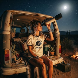 May include: A woman wearing a cream-colored t-shirt with black trim and the text "ARTEMIS II LUNAR PARADE" looks through a telescope. She is sitting in the back of a vintage van under a starry night sky with a full moon. A small campfire burns nearby.