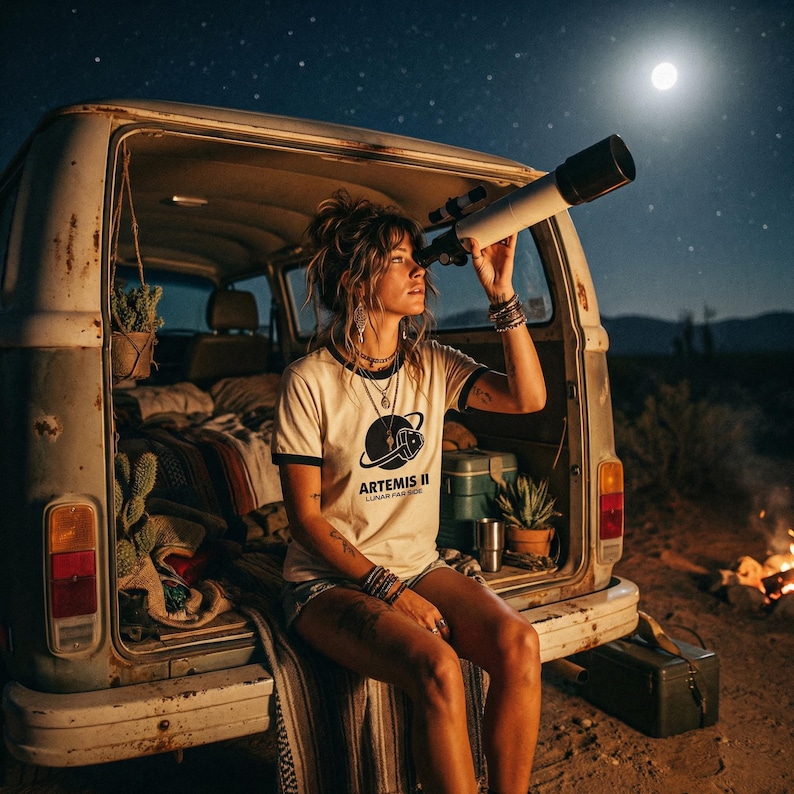 May include: A woman wearing a cream-colored t-shirt with black trim and the text "ARTEMIS II LUNAR PARADE" looks through a telescope. She is sitting in the back of a vintage van under a starry night sky with a full moon. A small campfire burns nearby.