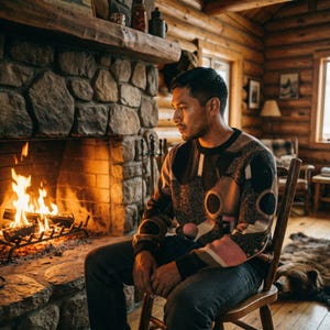 May include: A person wearing a patterned sweater and jeans sits in a wooden chair near a stone fireplace with a burning fire. The room has wood paneling and a bear rug.