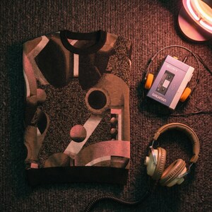 May include: A black crew neck sweatshirt with a geometric design in shades of brown, black, and pink. A vintage Sony Walkman and headphones are next to the sweatshirt. The Walkman is purple with orange accents.