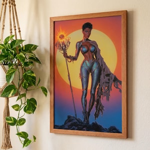 May include: A framed art print featuring a stylized illustration of a woman holding a vintage microphone. The artwork has a retro sci-fi theme, with a vibrant sunset backdrop and the woman wearing a futuristic outfit. The frame is made of light brown wood.