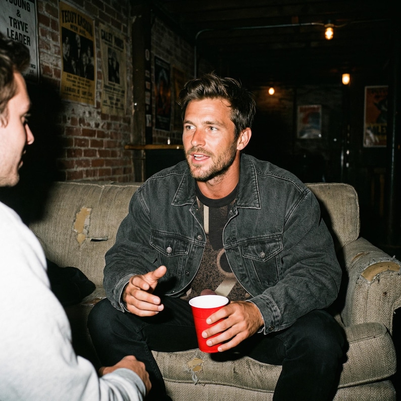 May include: A man wearing a dark denim jacket and black pants, seated on a worn sofa, holding a red cup. The background features brick walls and vintage posters, creating a casual, vintage atmosphere.