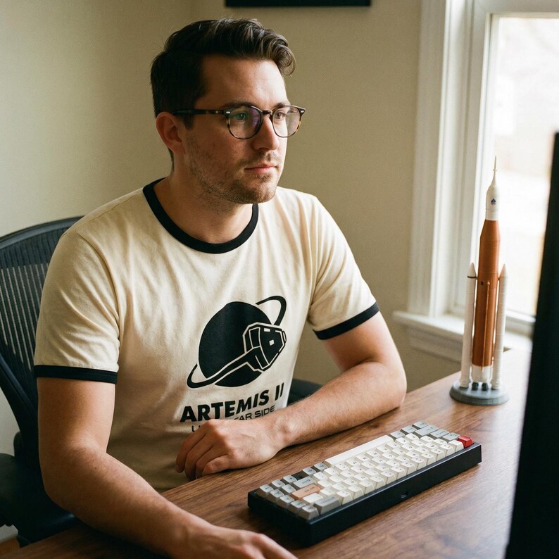 May include: A person wearing a cream-colored ringer t-shirt with a black graphic of a planet and a rocket, with the text "ARTEMIS II" and "FAR SIDE". A model rocket sits on the desk. A mechanical keyboard is in front of the person.
