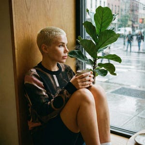 May include: A person sitting by a window, holding a mug. They are wearing a patterned sweater with black shorts. A green plant is next to the window. The window overlooks a rainy street.