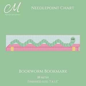 May include: A needlepoint chart for a Bookworm Bookmark featuring a green pixelated worm on a pink rectangular base. The text reads Miss May Needlepoint, Needlepoint Chart, Bookworm Bookmark, 18 mesh, and Finished Size: 7 x 1.5 inches on a light green background.