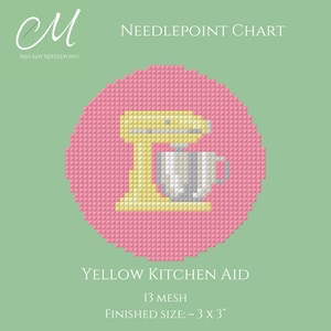 May include: A needlepoint chart on a light green background featuring a pixelated yellow stand mixer with a silver bowl inside a pink circle. Text reads: MISS MAY NEEDLEPOINT, NEEDLEPOINT CHART, YELLOW KITCHEN AID, 13 MESH, FINISHED SIZE: ~ 3 X 3".