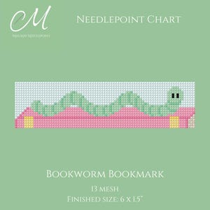 May include: A needlepoint chart for a bookworm bookmark featuring a pixelated green worm on a pink book. The text reads MISS MAY NEEDLEPOINT, NEEDLEPOINT CHART, BOOKWORM BOOKMARK, 13 MESH, and FINISHED SIZE: 6 X 1.5". The background is light green.