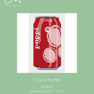 Può includere: Schema per punto croce con un design di lattina di Cola Poppi rossa e bianca. Lo schema include il testo "COLA POPPI", "18 MESH" e "DIMENSIONI FINITE: ~ 7.6 x 12.7 cm". Il file PDF è di Miss May Needlepoint.