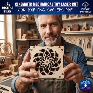 May include: A wooden, laser-cut mechanical toy with a spiral design is held by a person. The toy is square with a complex, open-work pattern. Text at the top reads "CINEMATIC MECHANICAL TOY LASER CUT" and "DIGITAL FILES".