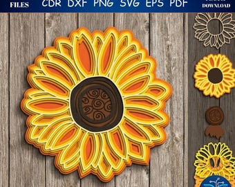 3D Layered Sunflower SVG, Mandala Floral Laser Cut File, Multi Layer Decor (Digital Download)