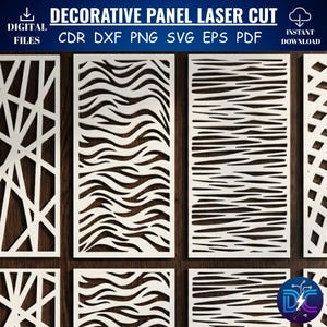 May include: Decorative laser-cut panels in various designs. The panels are white and feature geometric and organic patterns. The image includes text that reads "Decorative Panel Laser Cut" and file type options: CDR, DXF, PNG, SVG, EPS, PDF.