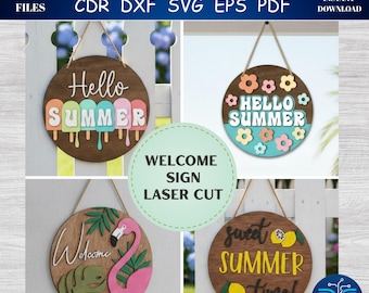 Hello Summer Welcome Sign SVG | Round Door Hanger Laser Cut File (Digital Download)