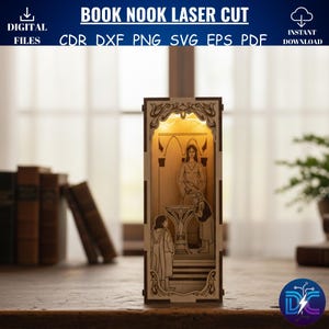 May include: A laser-cut wooden book nook with a detailed interior scene illuminated by warm light. The design features figures and architectural elements, with the text "BOOK NOOK LASER CUT" and file type options at the top. The book nook is a digital file.