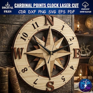 Op de afbeelding: Een houten lasergesneden klok met een kompasroosontwerp. De klok heeft de windrichtingen en cijfers, met de tekst "CARDINAL POINTS CLOCK LASER CUT" bovenaan. De wijzers zijn zwart. De klok is een digitaal bestand.