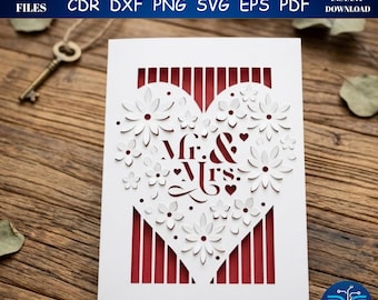 Mr and Mrs Wedding Card SVG | Floral Heart Laser Cut File (Digital Download)