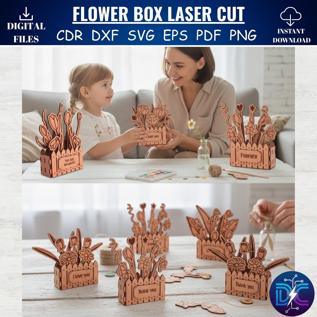 3D Wood Flower Box Laser Cut Files | Floral Decor SVG Bundle (digital ...