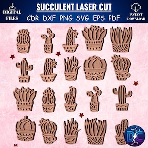 Puede incluir: Colección de diseños de suculentas de madera cortadas con láser, en diversas formas. La imagen incluye el texto "SUCCULENT LASER CUT" y formatos de archivo como CDR, DXF, PNG, SVG, EPS y PDF. Los diseños son de color marrón.