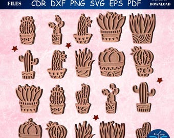3D Succulent Laser Cut Files – Potted Cactus SVG Bundle (Digital Download