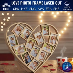 Puede incluir: Un marco de fotos de madera en forma de corazón con múltiples ranuras para fotos, llenas de fotos familiares. El marco está cortado con láser y tiene el texto "LOVE PHOTO FRAME LASER CUT" y "DIGITAL FILES".