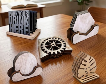 Laser Cut Coaster Bundle, Monstera Leaf, Gear, Hexagon, Round Designs (Digital Download)