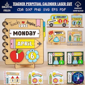 May include: Wooden perpetual calendar with laser-cut designs. Features a notebook-style calendar with "Teach Love Inspire" text, and individual calendar pieces with dates, months, and days. Includes a school bus, apple, and flower.