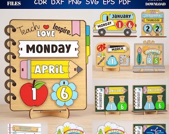 Paquete de archivos SVG de calendario perpetuo para profesores / Archivos de calendario de escritorio para corte láser / Decoración de aula DIY / Cricut Glowforge CNC / Cdr Dxf Svg Png Eps Pdf