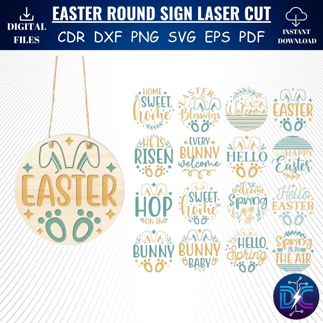 Easter Round Sign SVG Bundle, Bunny Door Hanger, Laser Cut Files (svg ...