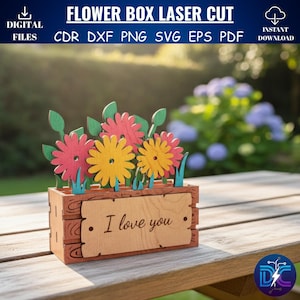 May include: A laser-cut wooden flower box with pink, yellow, and green flowers. The box has the text "I love you" on a wooden plaque. The image also includes the text "FLOWER BOX LASER CUT" and "DIGITAL FILES".