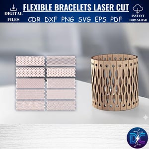 May include: Laser-cut flexible bracelet designs and a cylindrical wooden holder. The designs feature various patterns in a light pink hue. The holder has an openwork design with vertical and oval-shaped cutouts. Text at the top reads "FLEXIBLE BRACELETS LASER CUT".
