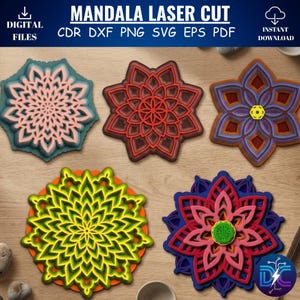 Peut inclure: Plusieurs motifs de mandala découpés au laser, aux couleurs variées : rose, rouge, bleu et vert. Les motifs sont floraux et géométriques, avec le texte "MANDALA LASER CUT" en haut. Fichiers numériques disponibles en téléchargement immédiat.