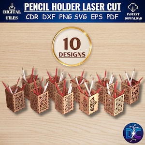 Può includere: Una collezione di dieci portapenne in legno tagliati al laser, ognuno con un design decorativo unico, riempiti di matite rosse e bianche. L'immagine include il testo "PENCIL HOLDER LASER CUT" e "10 DESIGNS".