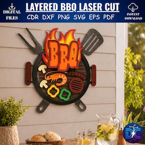 Puede incluir: Un letrero de corte láser BBQ en capas con la palabra "BBQ" en llamas naranjas y rojas. El letrero incluye una parrilla, una espátula, un tenedor y varios alimentos. El letrero está montado en una pared de color claro. También se ve el texto "DIGITAL FILES" y "INSTANT DOWNLOAD".