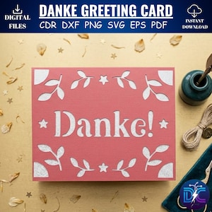 Danke gratulationskort SVG - 3D-lagers tackkort laserskuren fil - tysk tackpappersmall - blommigt kort DXF för Cricut