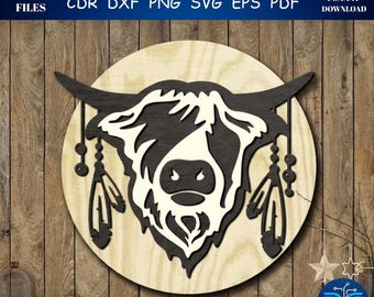 Layered Highland Cow Sign SVG, Boho Western Door Hanger File (Digital Download)