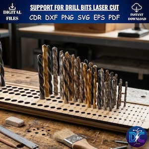 May include: A wooden drill bit holder with multiple drill bits of varying sizes and colors. The holder has numerous holes for the bits and text that reads "SUPPORT FOR DRILL BITS LASER CUT". The image also includes a ruler, eraser, and paint brush.
