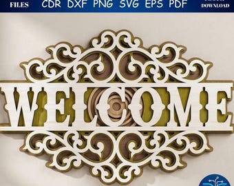 3D Layered Floral Welcome Sign SVG, Laser Cut Door Hanger (Digital Download)