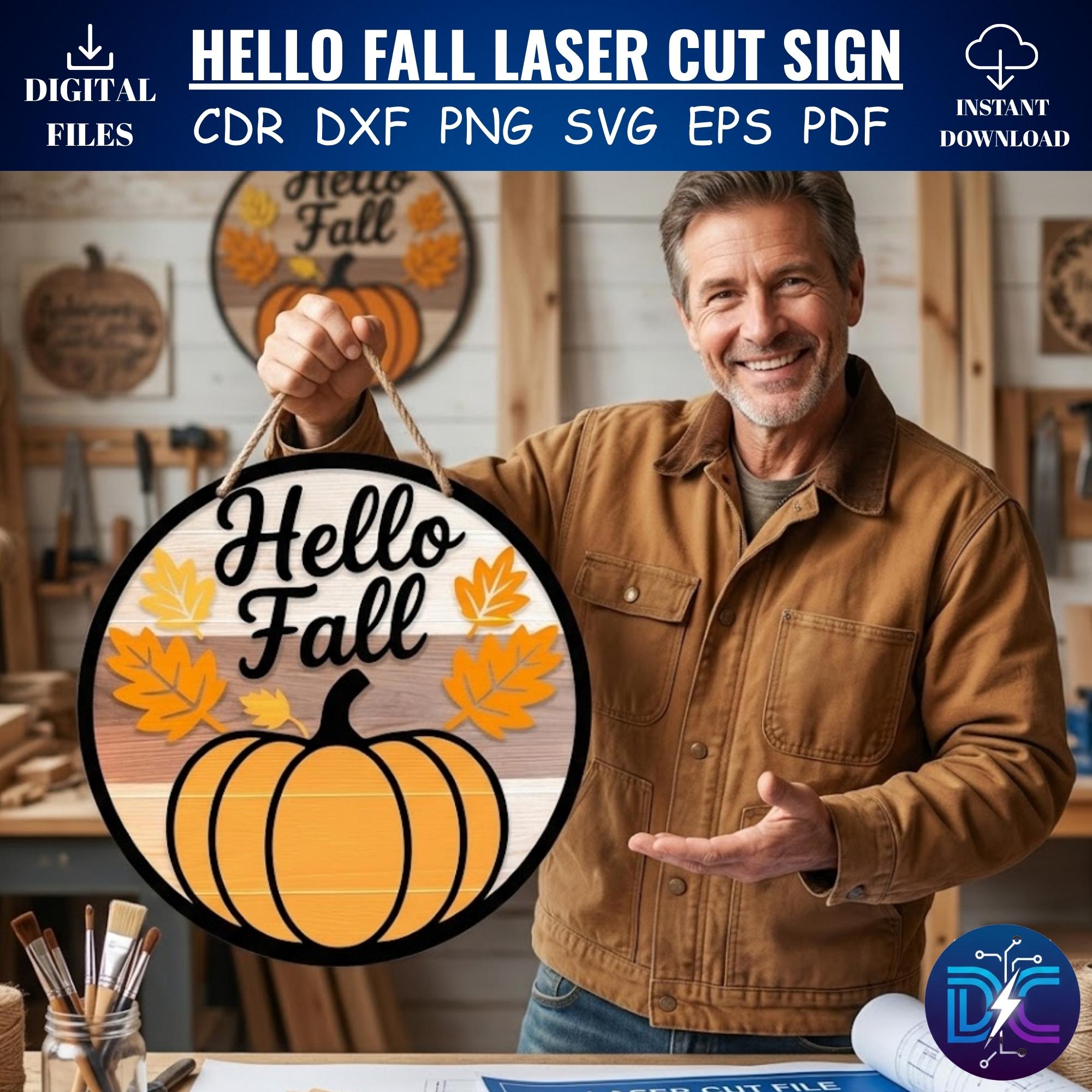 Hello Fall Round Sign SVG, Layered Pumpkin Door Hanger Laser Cut Files ...