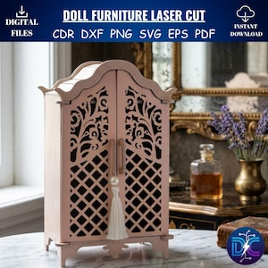 May include: A pink doll furniture laser cut cabinet with decorative cutouts and a tassel. The cabinet has two doors with intricate patterns and is labeled "DOLL FURNITURE LASER CUT". The cabinet is on a marble surface.