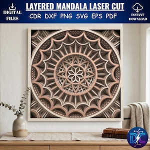 Pode incluir: Obra de arte de mandala em camadas cortada a laser em uma moldura de madeira quadrada. O design apresenta um padrão detalhado de várias camadas em tons de marrom e rosa. O texto na parte superior diz "LAYERED MANDALA LASER CUT" e lista formatos de arquivo.