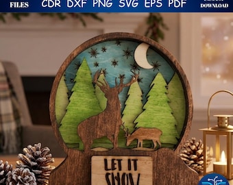 3D Reindeer Snow Globe Laser Cut File, Layered Winter Forest Scene (Digital Download)