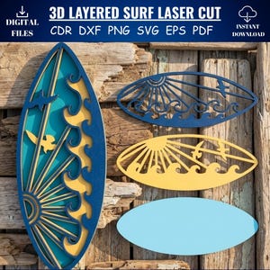 Può includere: Un design 3D a strati tagliato al laser con tavole da surf con un motivo a sole e onde. Il design include elementi blu, gialli e turchesi. Il testo "3D LAYERED SURF LASER CUT" è visibile in alto. File digitali.