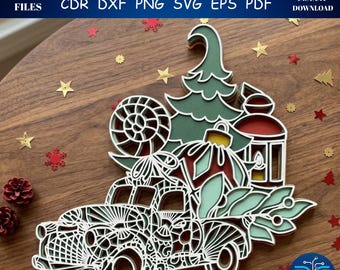 3D Layered Christmas Truck SVG, Vintage Holiday Decor Laser Cut File (SVG, DXF)