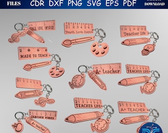 Laser Cut Teacher Keychain SVG Bundle, Teacher Appreciation Gift (Digital Download PNG DXF)