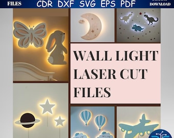 Nursery Laser Cut Wall Light SVG Bundle, Dinosaur Butterfly Moon Glowforge Files (Digital Download)