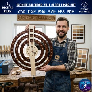 May include: A wooden infinite calendar wall clock with a circular design, featuring a clock face and a series of rings displaying dates and months. The clock is laser cut and includes the text "INFINITE CALENDAR WALL CLOCK LASER CUT".