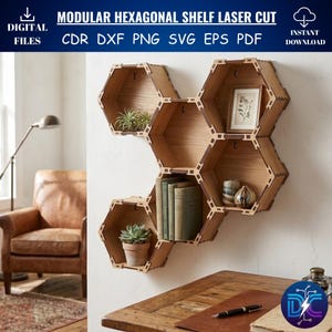 Modulares sechseckiges Regal Laser Cut Datei, Wabenwandregal SVG, schwebendes Sechseck für Glowforge, 3D Holzregal DXF Cdr Pdf Eps