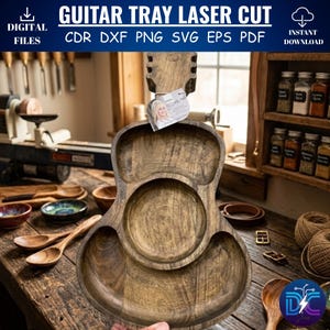 Bandeja para servir con forma de guitarra (archivo de corte láser), tabla de charcutería (SVG), bandeja de aperitivos musical (DXF), regalo para músicos (Glowforge), bandeja de madera para fiestas (CNC digital)